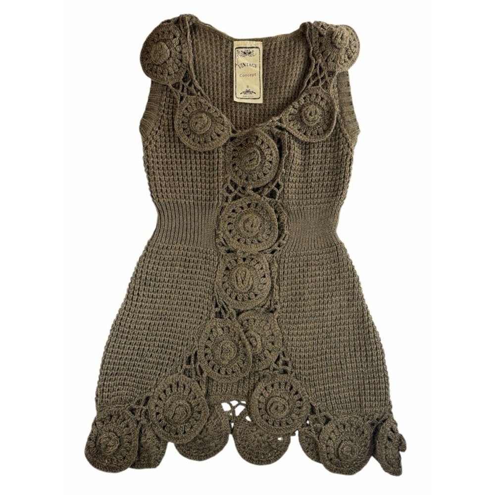 Vintage Concept Brown Crochet Floral Knit Long Sweater Vest Wool Blend Women S